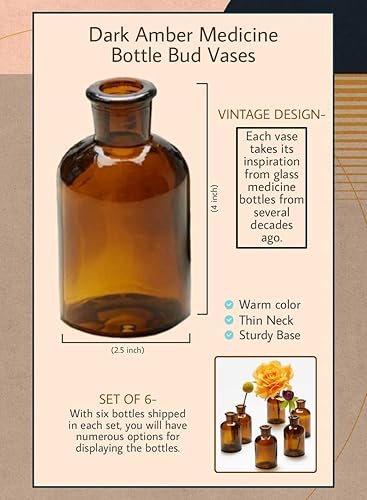 Miniatura 6 de Serene Spaces Living Jarrones de botella medicinal de ámbar oscuro, frascos de boticario, botellas de vidrio decorativas, centro de mesa para