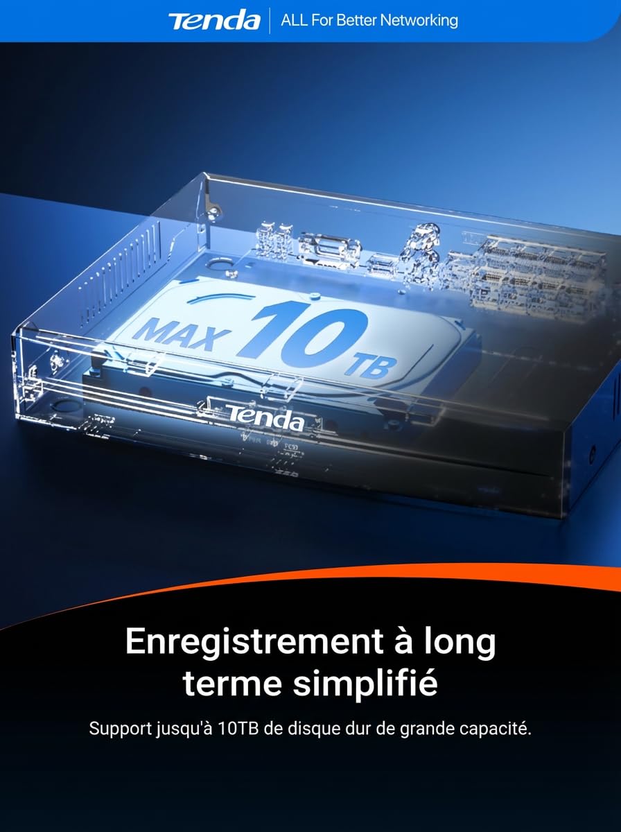 Tenda TN3108-8P NVR Système de Surveillance 4K, Enregistreur 8CH PoE, Transmission 250m, H.265+, Plug and Play, Disque Dur (jusqu‘à 10To)/Stockage Cloud, Protection Foudre 4KV, App Contrôle à Distance