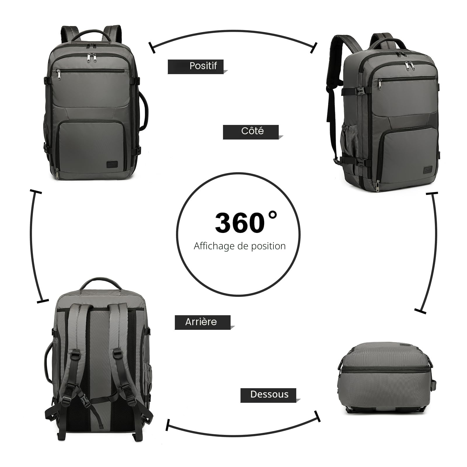 Kono Sac à Dos Cabine 38L Robuste Et Résistant, Bagage à Main, Gris | Grande Capacité 38L, En Polyester Résistant à L'Eau - Idéal Pour Les Week-Ends Et Voyages, Solide Et Léger.