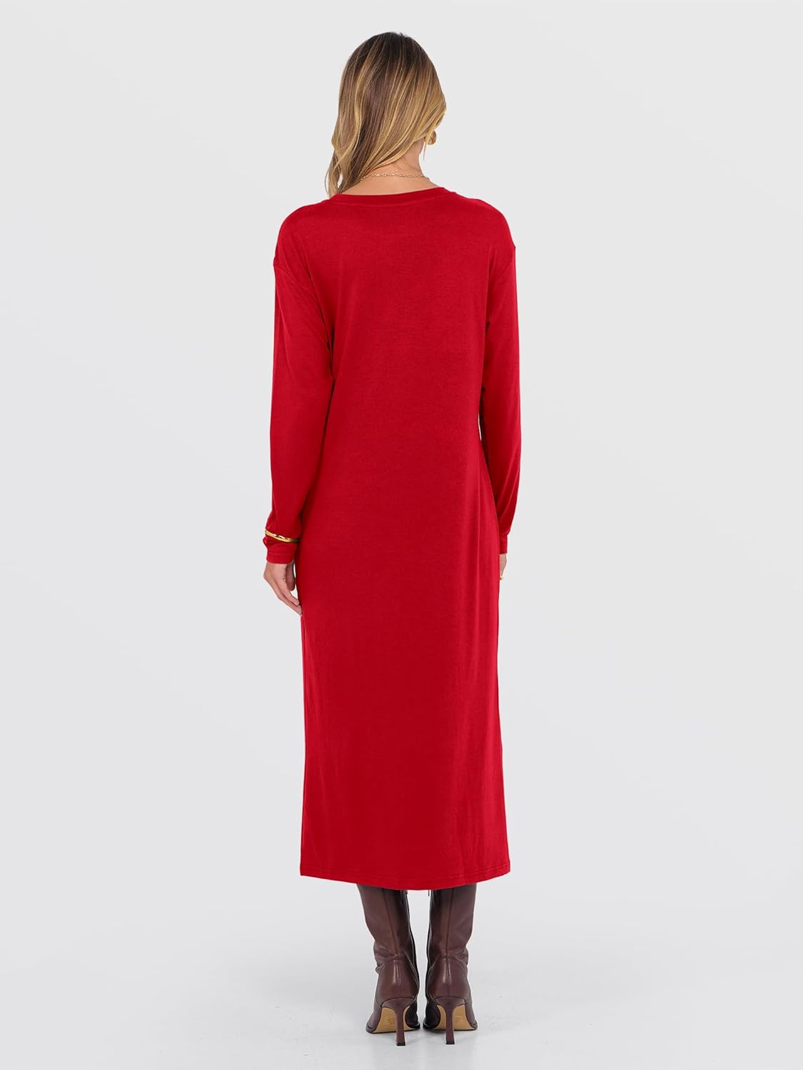 ANRABESS Long Sleeve Midi Dresses for Women Fall Fashion Casual Vacation Crewneck Loose Split Striped Long Tshirts Dress - Image 5