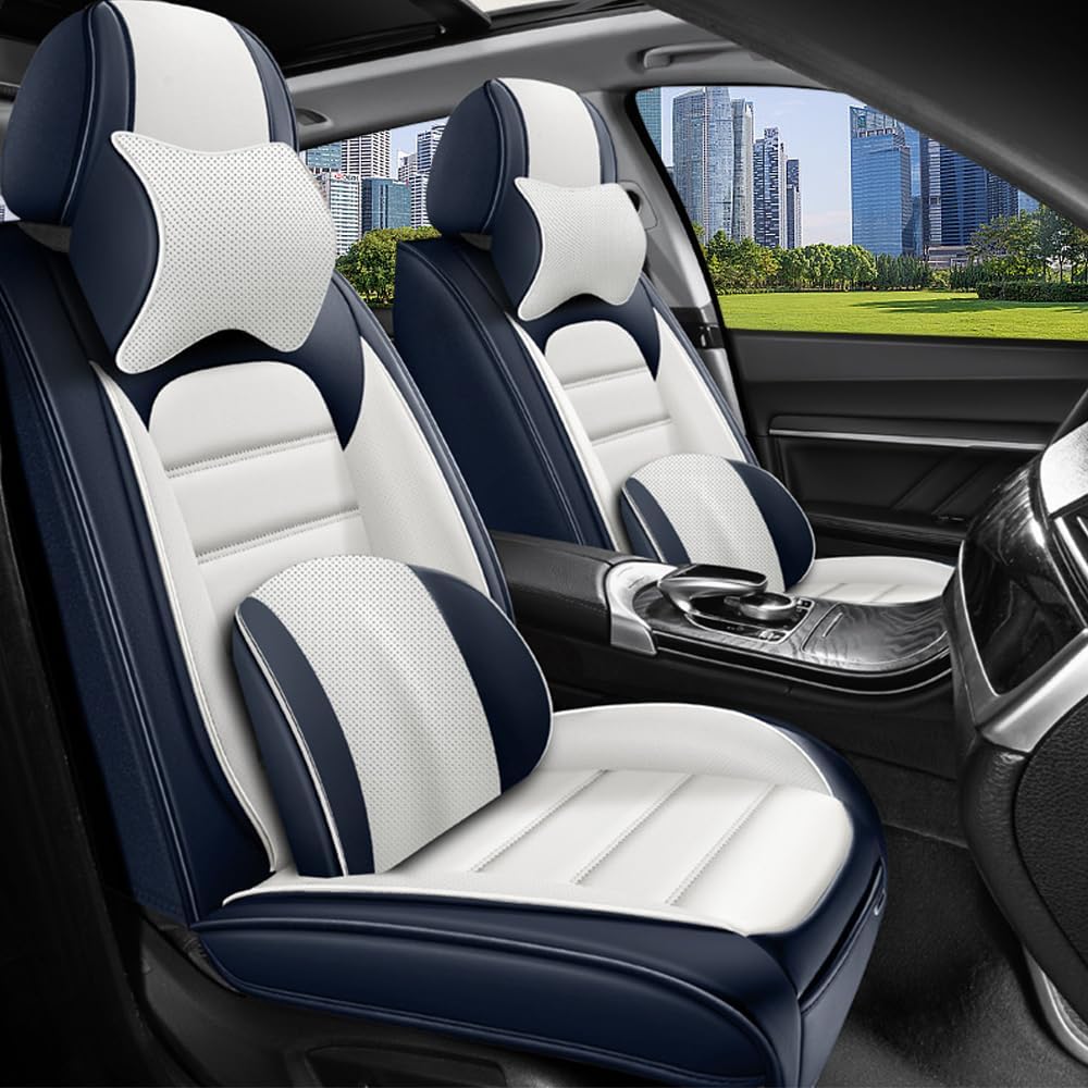 Car Seat Covers for Hyundai Palisade 2020-2025 2026 Durable Leather Seat Cover Waterproof Anti-Slip Seat Covers All Weather Car Seat Automotive Seat Protector(2 Seats,White&Blue-Deluxe)