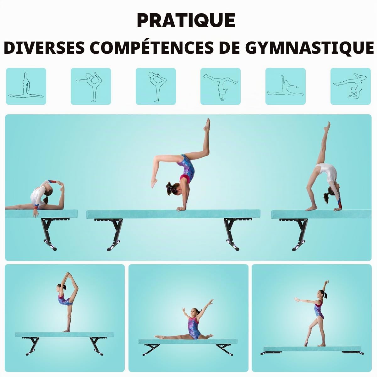 Poutre Gymnastique Enfant 244cm, 5 Hauteurs Réglables, Débutants & Pros