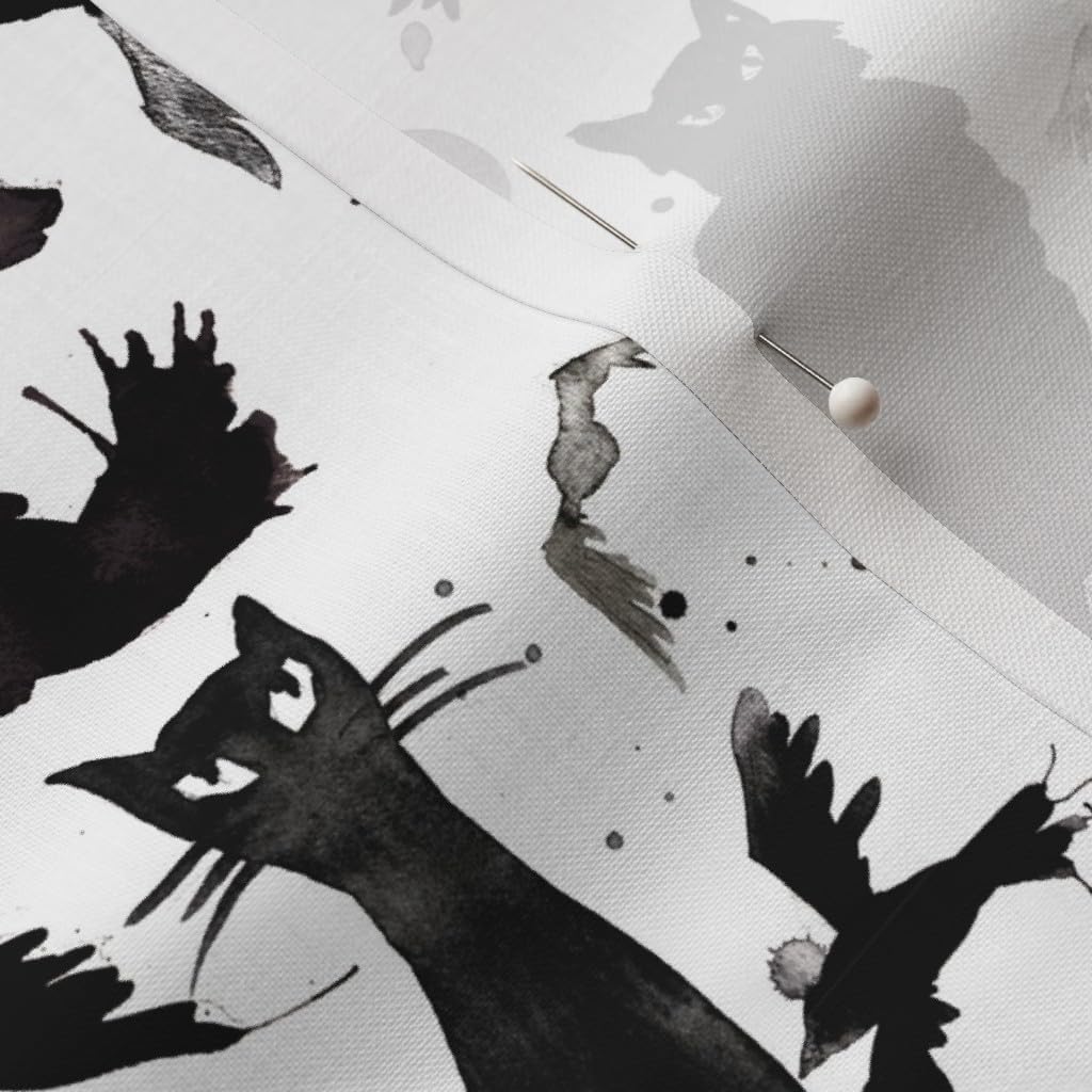 Spoonflower Fabric - Halloween Cats Black Birds Watercolor White Spooky Printed on Petal Signature Cotton Fabric by The Yard - Sewing Quilting Apparel Crafts Decor