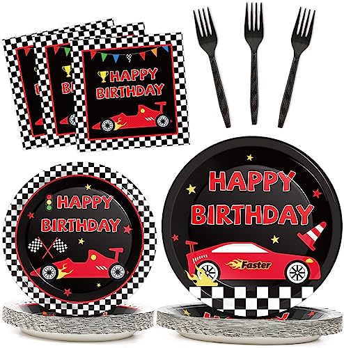 25 Guests Race Car Birthday Party Supplies Plates Napkins Forks Set Disposable Racing Car Tableware Paper Plates Dinnerware for Boys Kids Baby Shower Decorations Favors