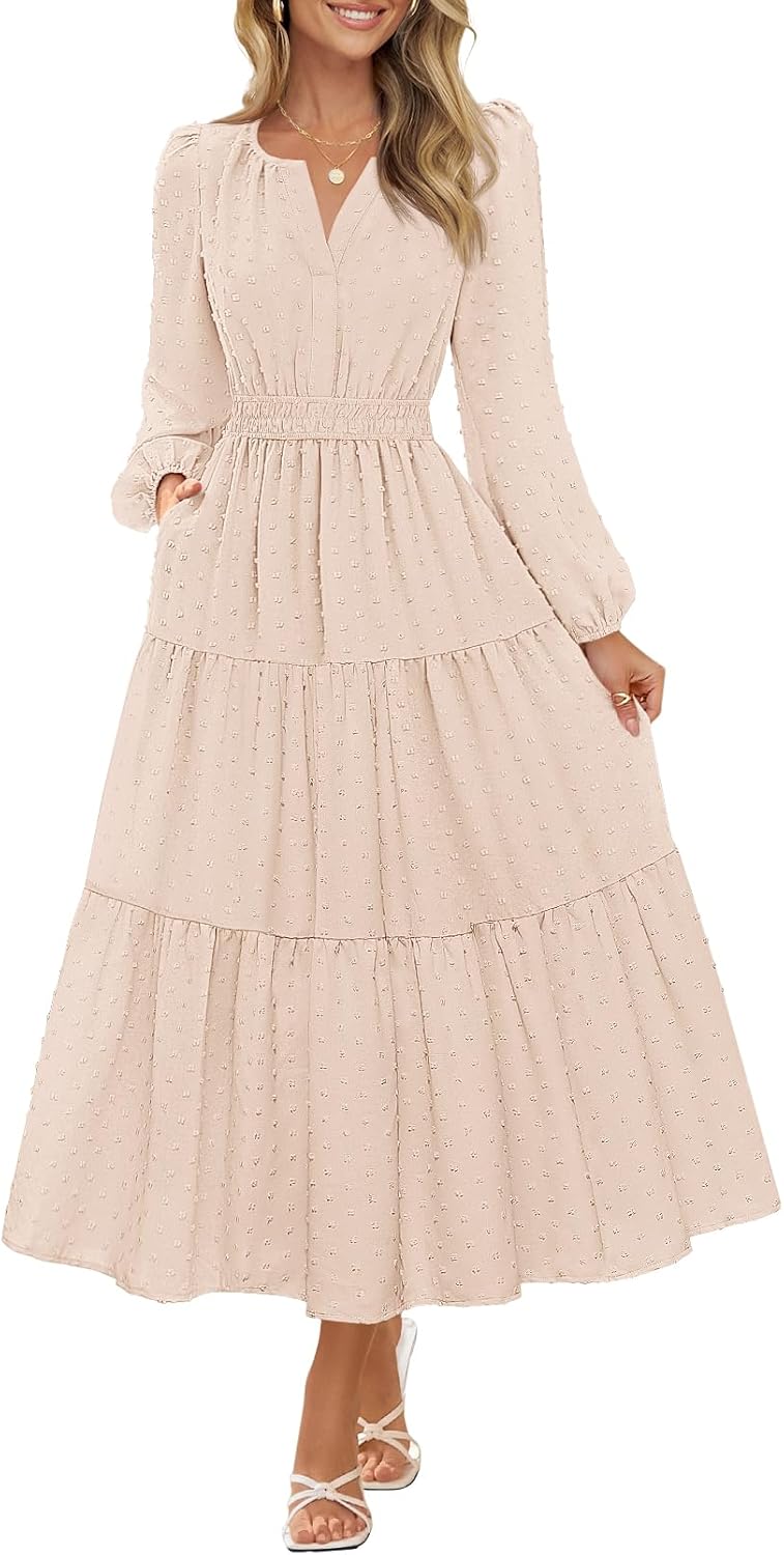MEROKEETY Women's Fall Long Sleeve Maxi Dress 2026 Boho Ruffle Tiered Swiss Dots Wedding Guest Cocktail Long Dresses