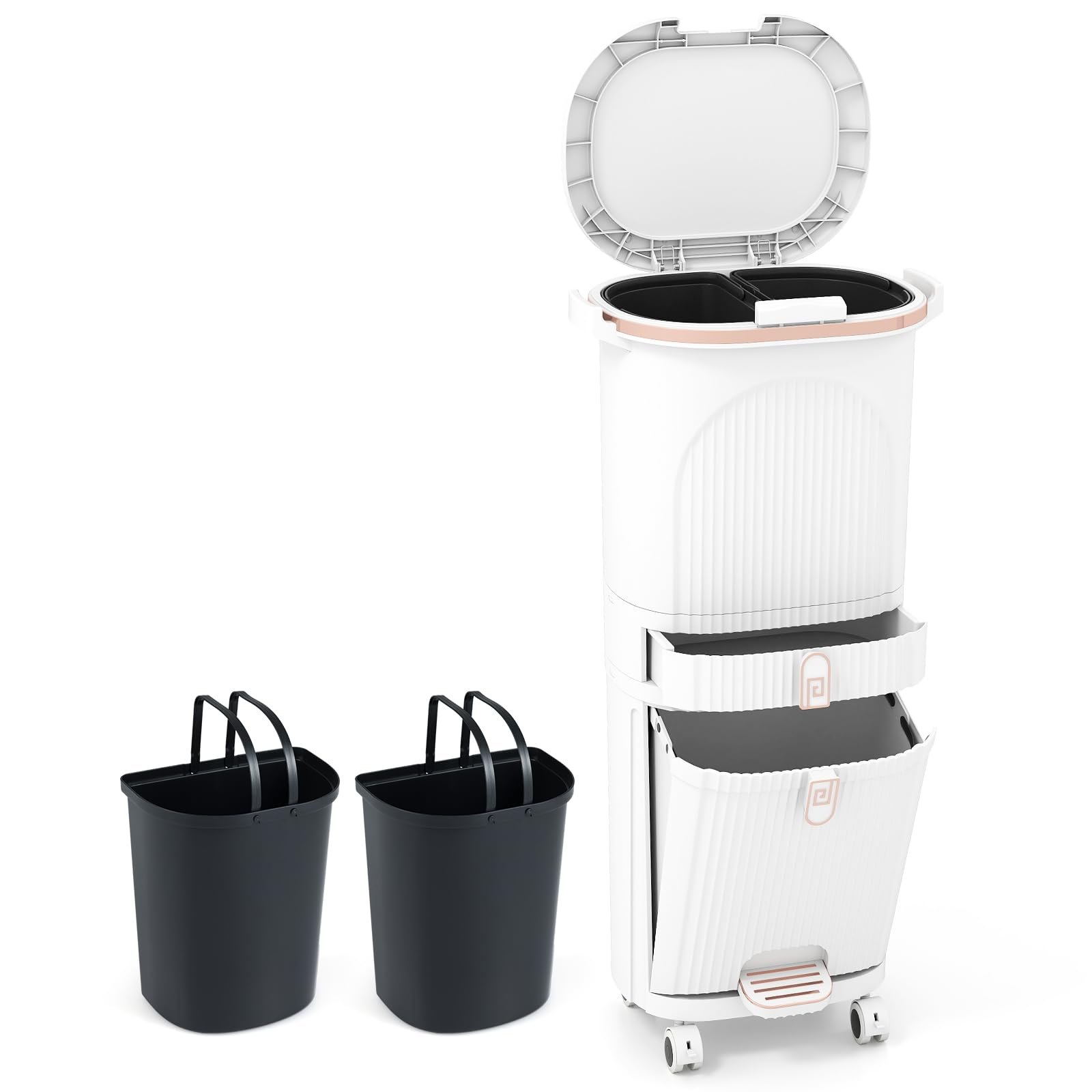 COSTWAY 42 L（12+12+14+4 L） Pattumiera Differenziata, Secchio Spazzatura a 3 Scomparti con Cassetto e Coperchi, 2 Secchi Rimovibili Pedale e Ruote, Bidoni Differenziata per Bagno Cucina Ufficio