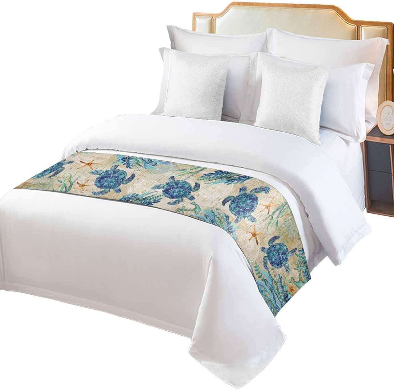 DecorLovee Coastal Sea Turtle Bed Runners for King Size Bed, Bed Throws for Foot of Bed, Vintage Teal Blue Nautical Summer Beach Coral Bed Runner Sofa Throw Bedding Scarf Protector for Bedroom