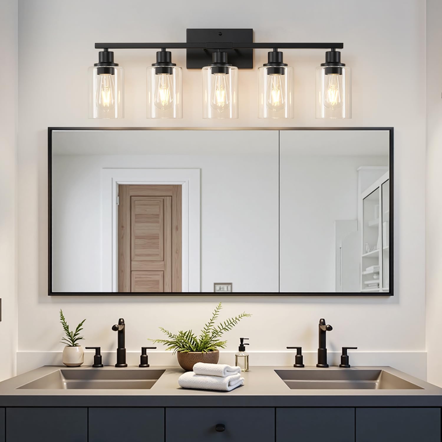 MOKATNG 5-Light Bathroom Light Fixtures, Vanity Light with Clear Glass Shades, Matte Black Bathroom Light Fixtures Over Mirror, Modern Bathroom Wall Lamp for Mirror Living Room Cabinet Bedroom