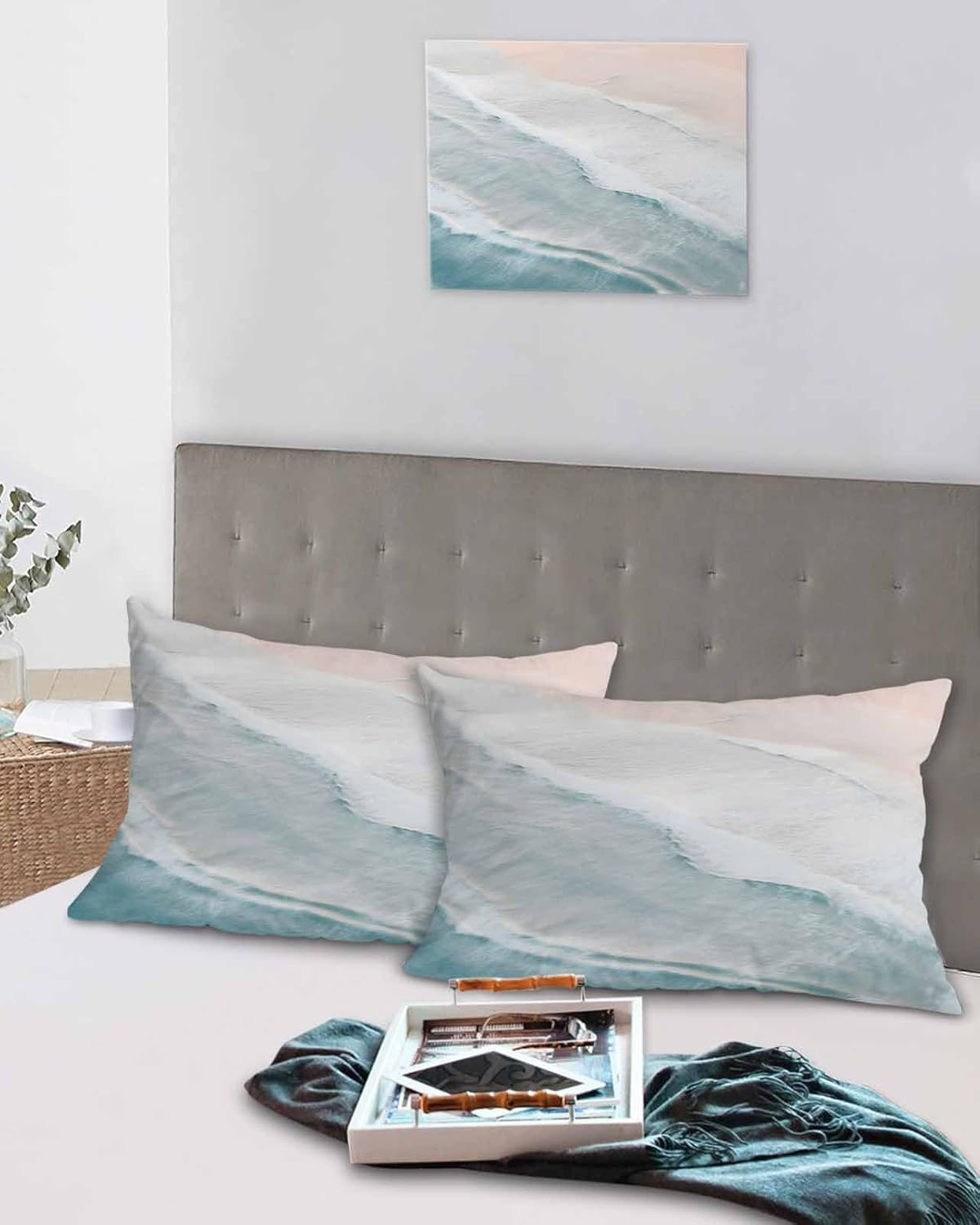DecorLovee Summer Beach King Pillow Cases Set of 2 - Microfiber Bed Throw Pillow Covers, Ocean Nautical Coastal Seaside Aqua Beige Decorative Lumbar Pillow Cover with Envelope Closure for Sofa/Travel