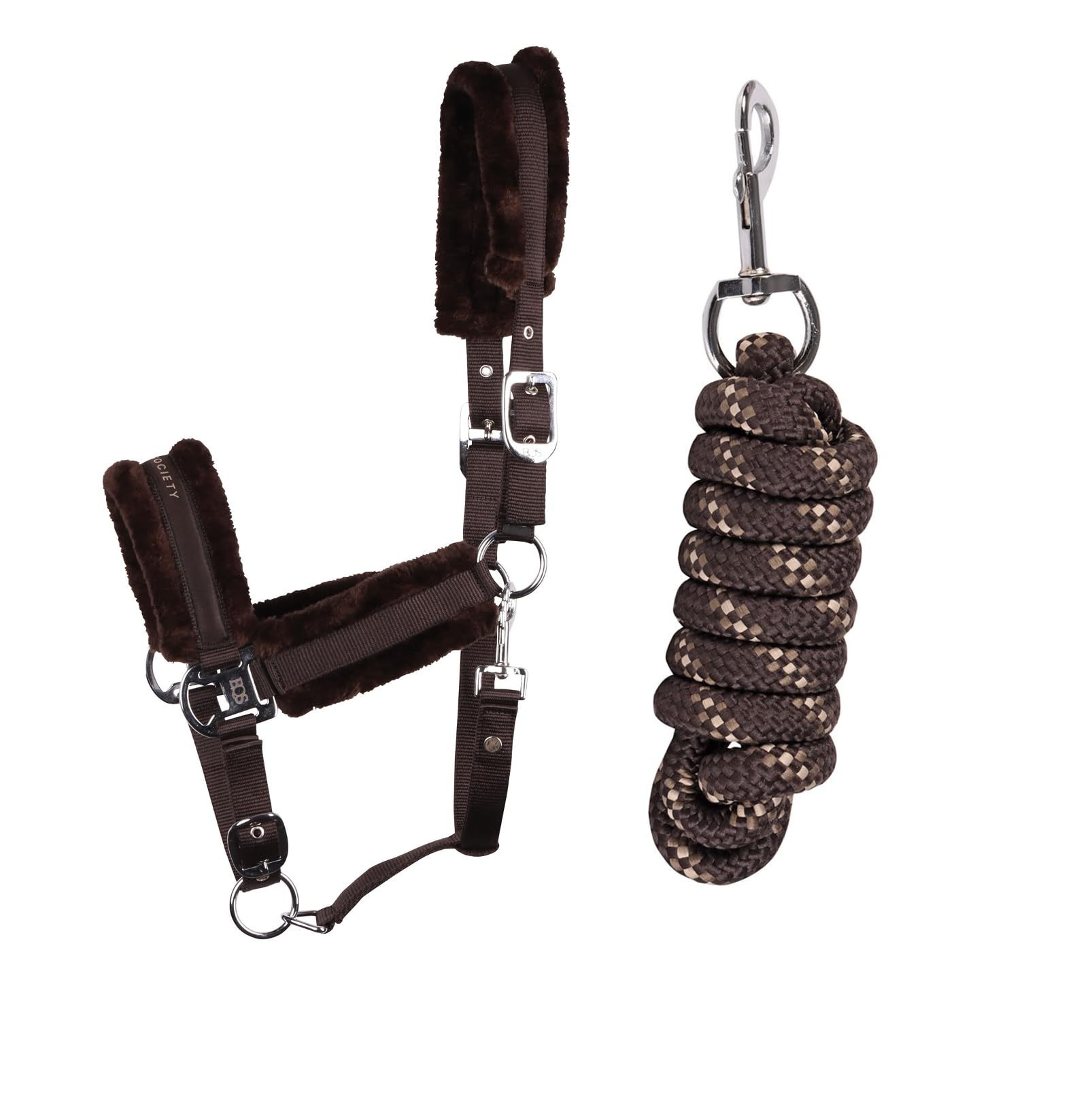 JA Horse JA4003 Faux Fur Halter Lead Rope Set with Snap Hook Adjustable Horse Halter Horse Wooden Horse Tie Rope (Dark Brown/Dark Brown, Pony) — image 1