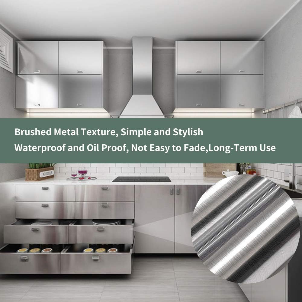 Hopepak Stainless Steel Contact Paper Peel and Stick Waterproof Silver Metallic Wallpaper Self Adhesive Removable Vinyl Roll for Kitchen Cabinet Refrigerator Dishwasher Countertop 17.3''x78.7''