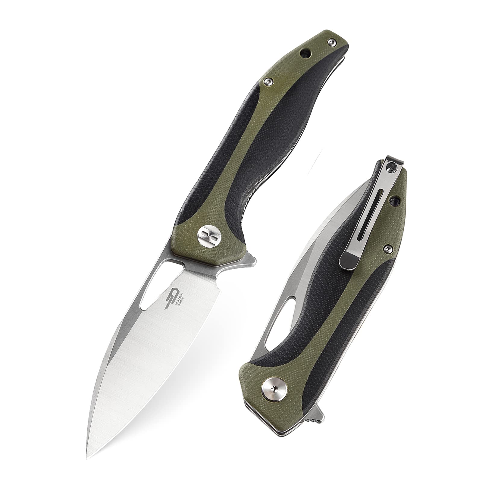 BESTECH KNIVESPocket Folder Folding Knife: 3.35" D2 Steel Blade, G10 Scales, Flipper, Liner Lock, EDC Steel Clip, BG26A (Olive Drab Green)