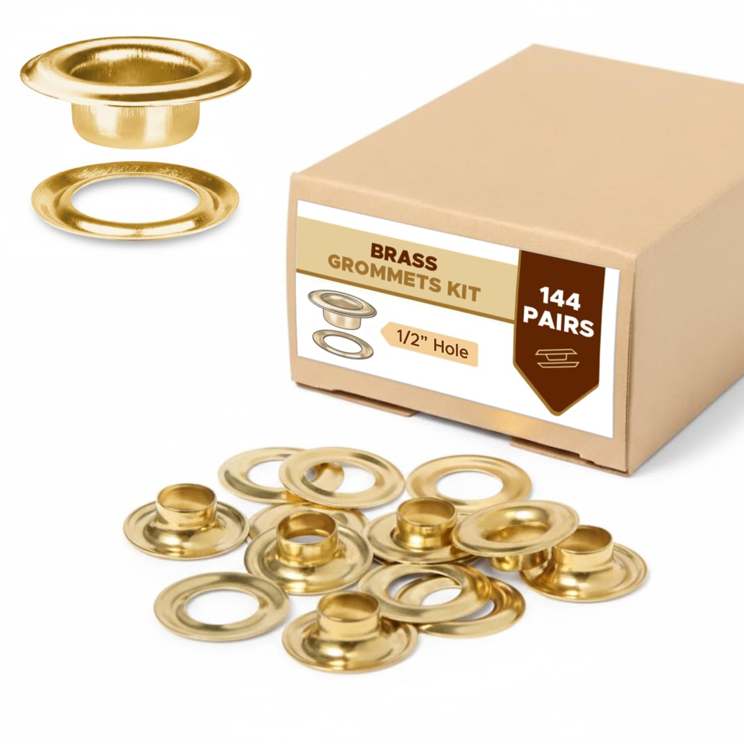 Tarps Now Heavy-Duty Grommet #4 (1/2" Hole) with Plain Washers - Rust Proof Brass Grommets for Tarp Repair or Addition and Replacement, (144 Pairs)