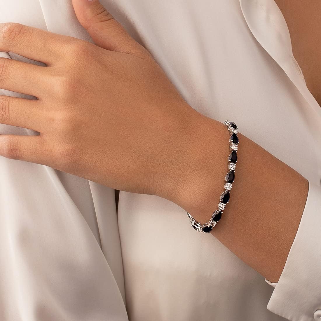 PEORA 13 Carats Created Blue Sapphire Teardrop Tennis Bracelet for Women 925 Sterling Silver, Pear Shape 8x5mm, 7 1/2 inch Length