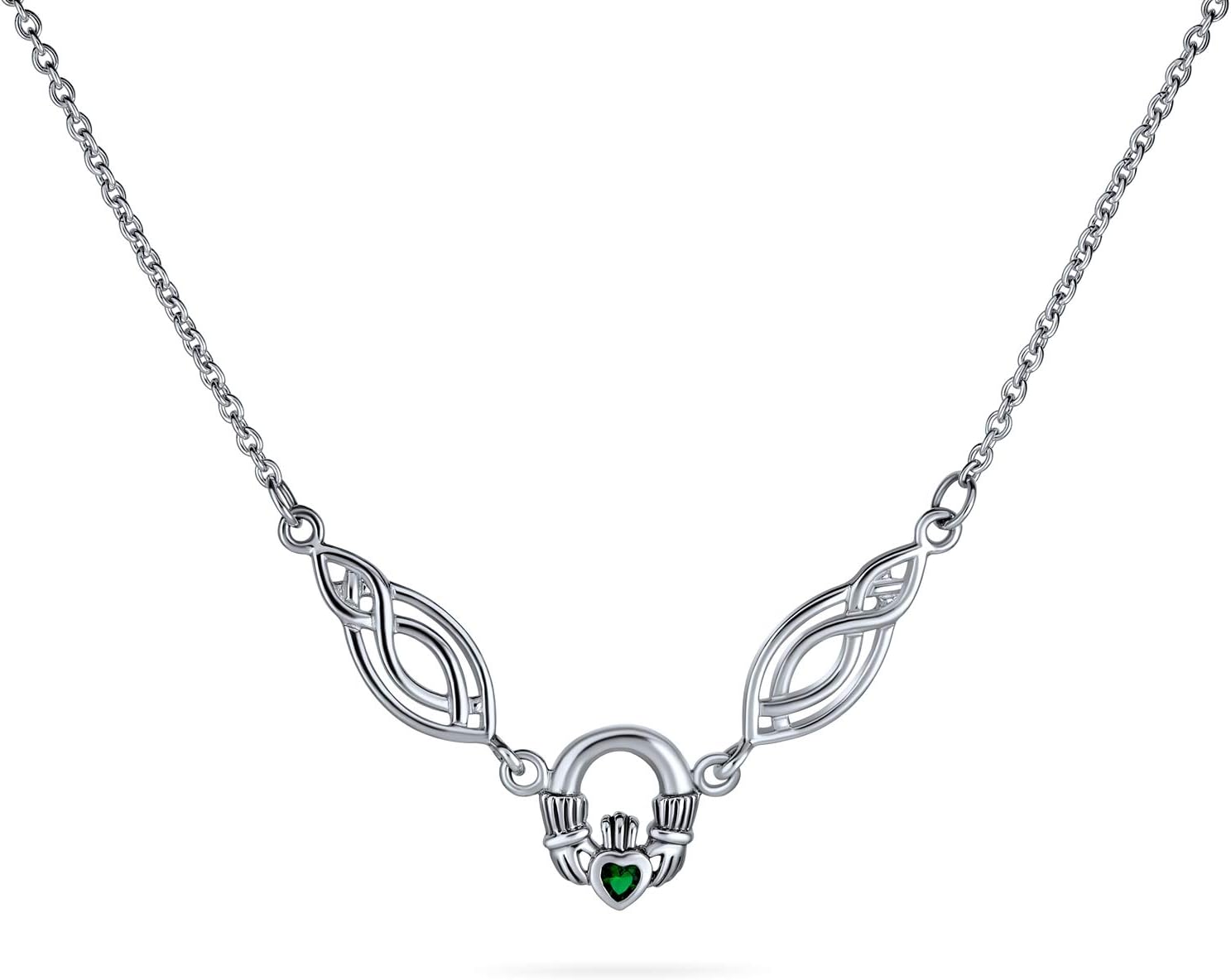 Good Luck BFF Friendship Trinity Irish Love Knot Triquetra Simulated CZ Gemstone Cubic Zirconia Infinity Statement Celtic Claddagh Collar V Necklace Pendant For Women .925 Sterling Silver