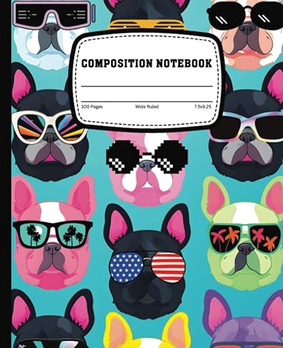 Composition Notebook Wide Ruled Cute Colorful Kawaii French Bull Dogs, Notebook For Teens, Kids, Students
