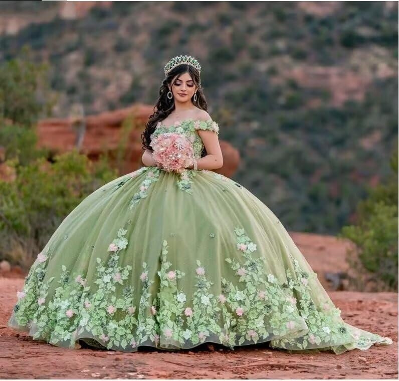 Pink and Green Hand Made Flowers Floral Lace Quinceanera Dresses Off The Shoulder Sweet 16 Dress Ball Gowns 20253