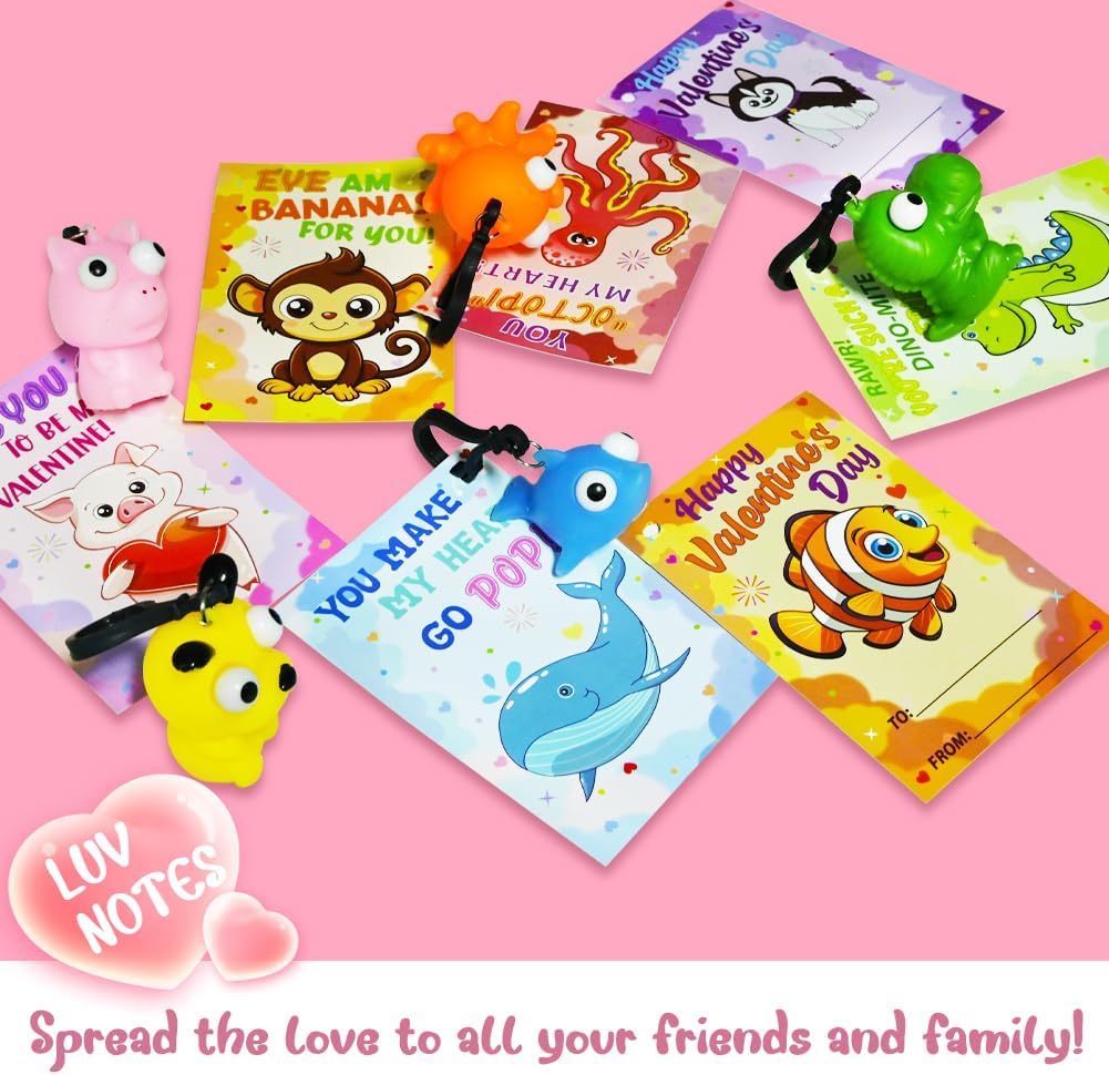 CAMIRUS 28PCS Valentines Day Cards with Popping Eyes Animal Squishy Fidget Toys, Cute Pop Out Eyes Squishies Keychains for School Classroom Valentines Exchange, Valentine Party Favors