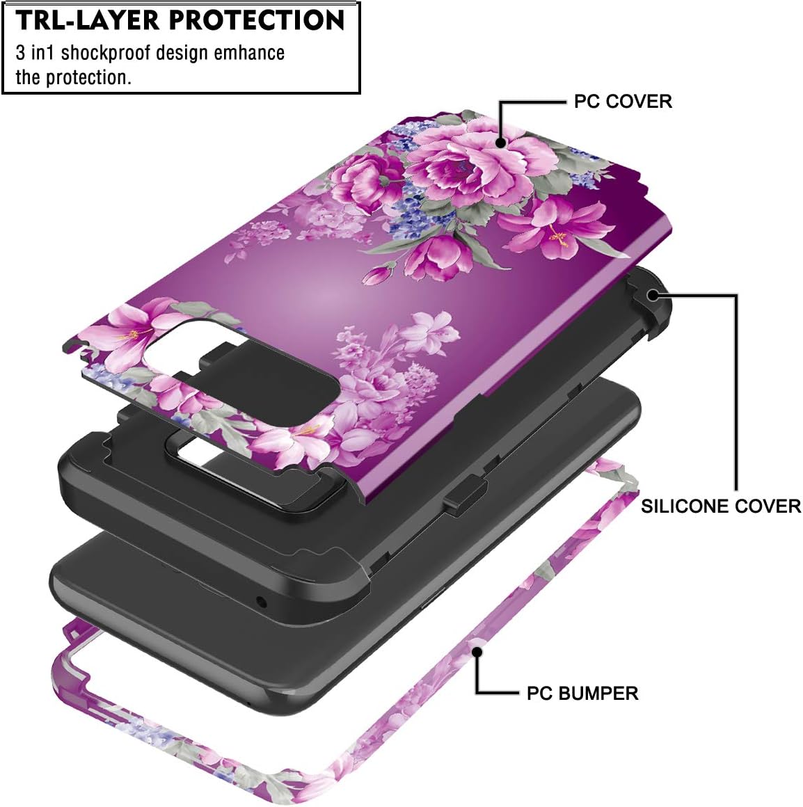 LONTECT Compatible Galaxy S8 Plus Case Floral 3 in 1 Heavy Duty Hybrid Sturdy High Impact Shockproof Protective Cover Case for Samsung Galaxy S8 Plus, Black/Purple Flower