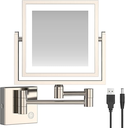 Espejo cuadrado de maquillaje de pared recargable de 8 pulgadas con luz y sin enchufe, espejo de tocador iluminado de doble cara para baño, carga
