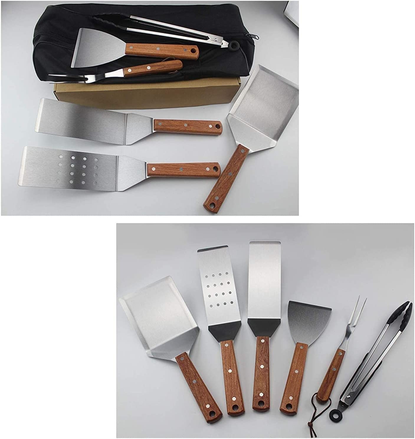 8 szt. Zestaw narzędzi do grillowania Akcesoria do grillowania ze stali nierdzewnej z drewnianą rączką, przybory do grillowania Zestaw akcesoriów do grilla w torbie do przechowywania Narzędzia do gri