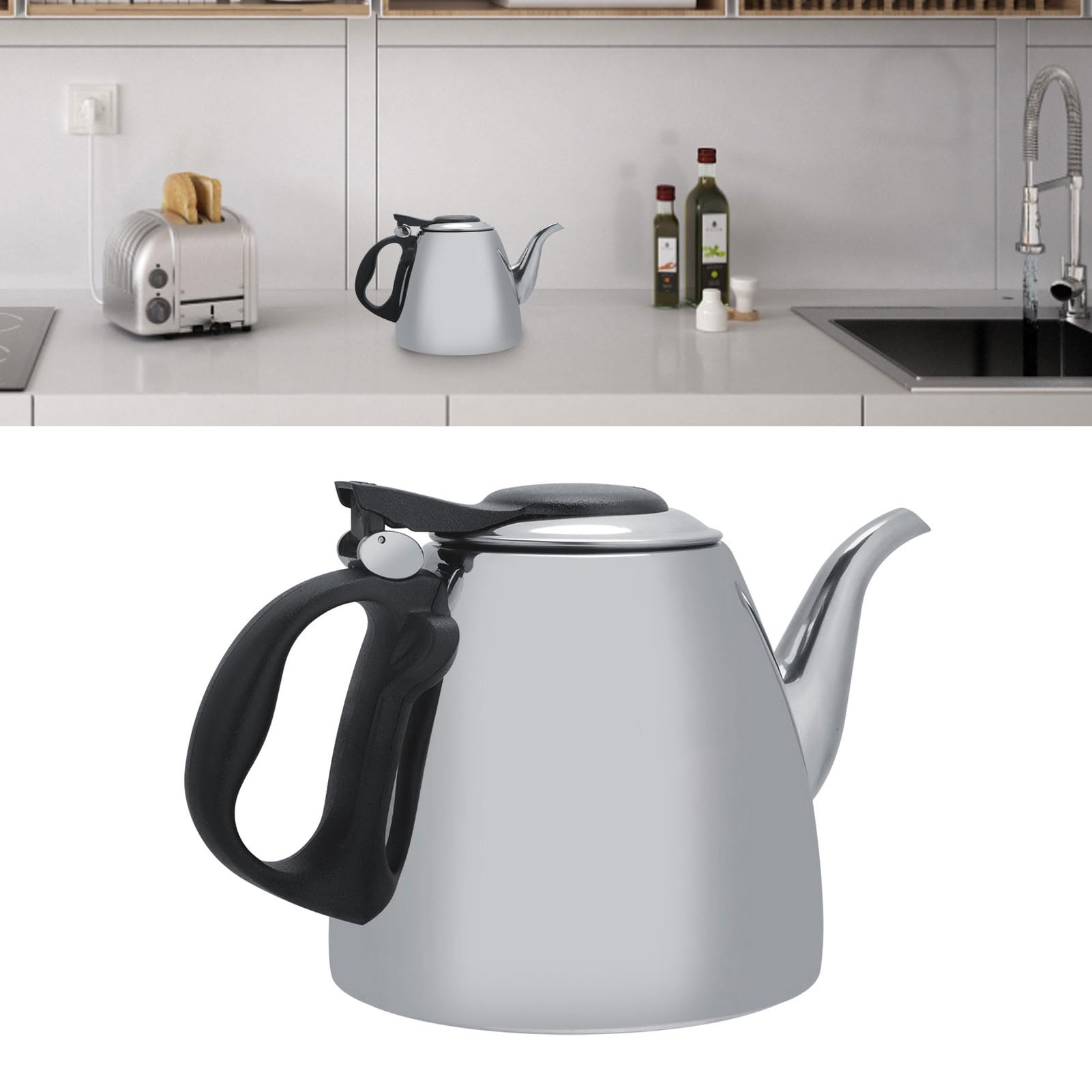 Tetera de 1,2 l y 1,5 l de acero inoxidable con mango resistente al calor (1,5 L)