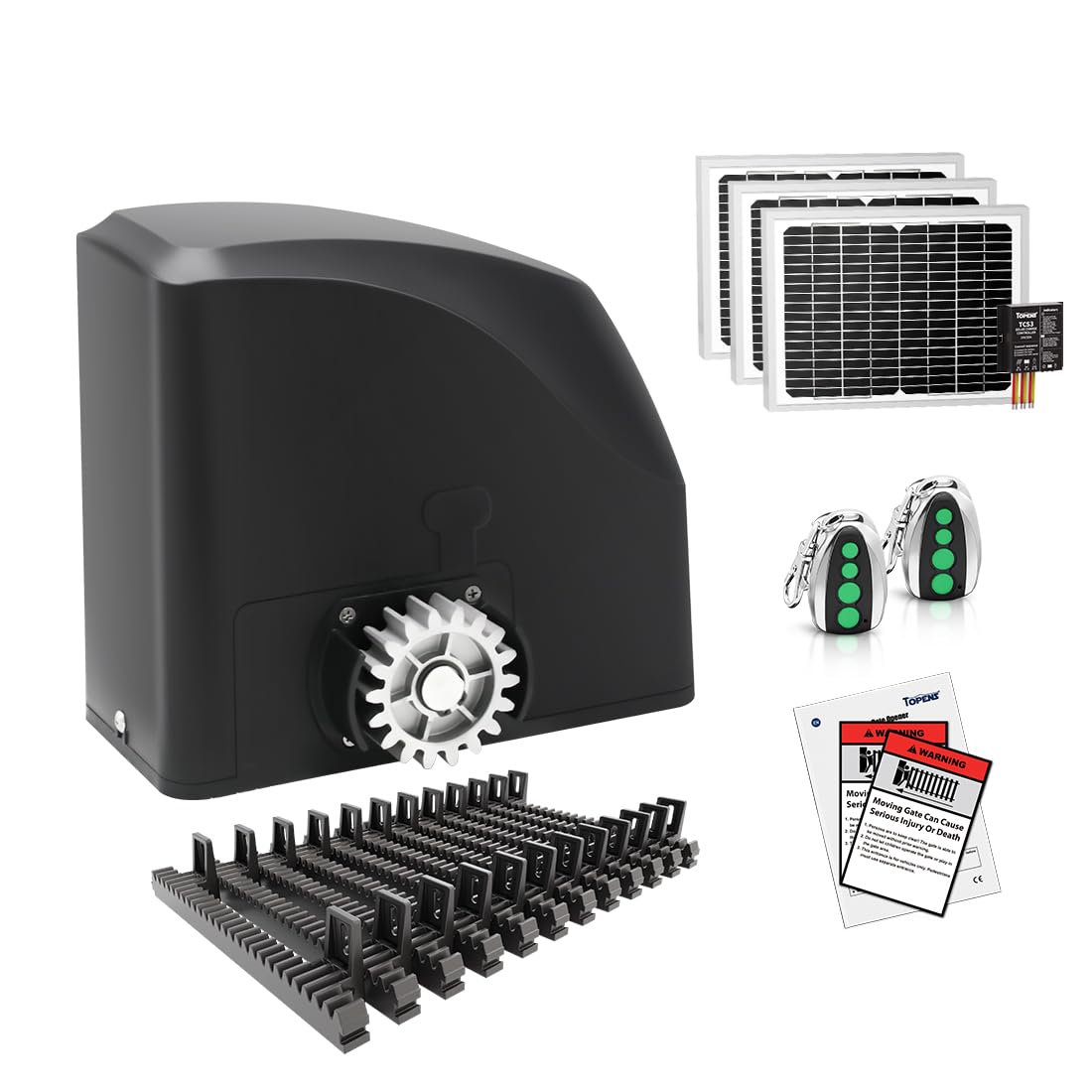 TOPENS DKR500ST Solar Sliding Gate Opener Rack Drive Automatic Gate Motor for Heavy Driveway Slide Gates Up to 1300 Pounds, Electric Gate Operator Battery Powered with Solar Panel Remote Control Kit