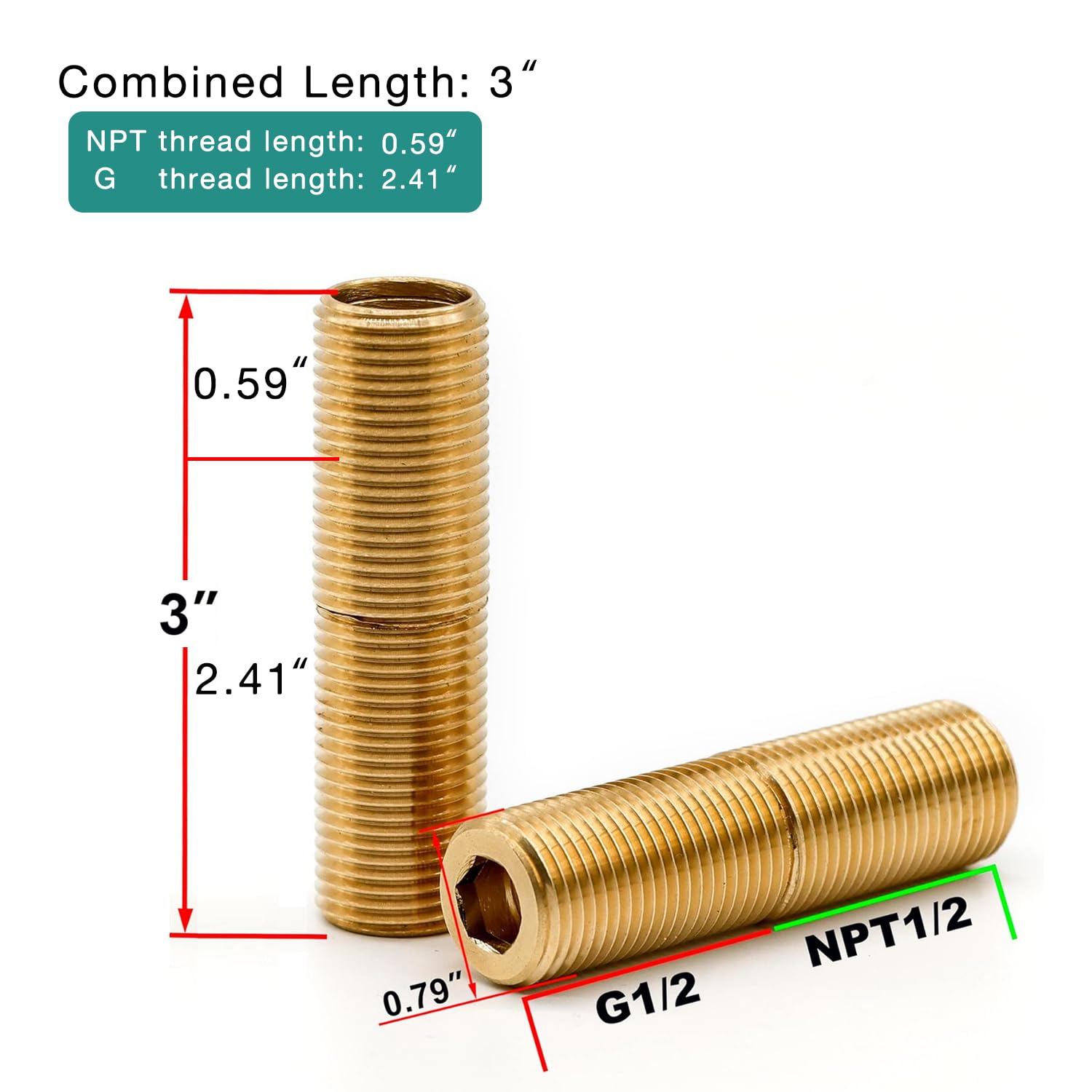 Adaptador de tubería de latón, rosca G macho de 1,27 cm a rosca NPT macho de 1,27 cm de longitud, sin costuras y a prueba de fugas (3 pulgadas de longitud)