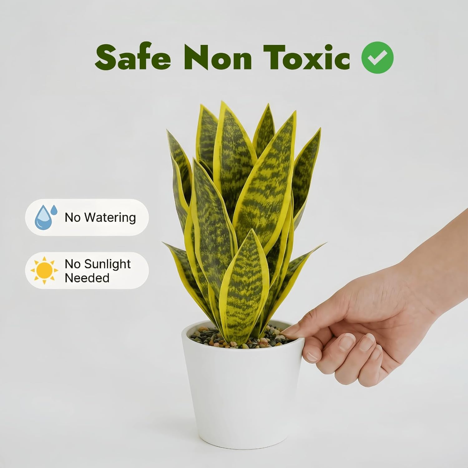 Artificial Snake Plants in White Pot, 15.5'' Sansevieria Potted Plant, Modern Fake Greenery for Desk, Indoor Decoration for Office, Bathroom Home Decor (Green & Yellow -2)