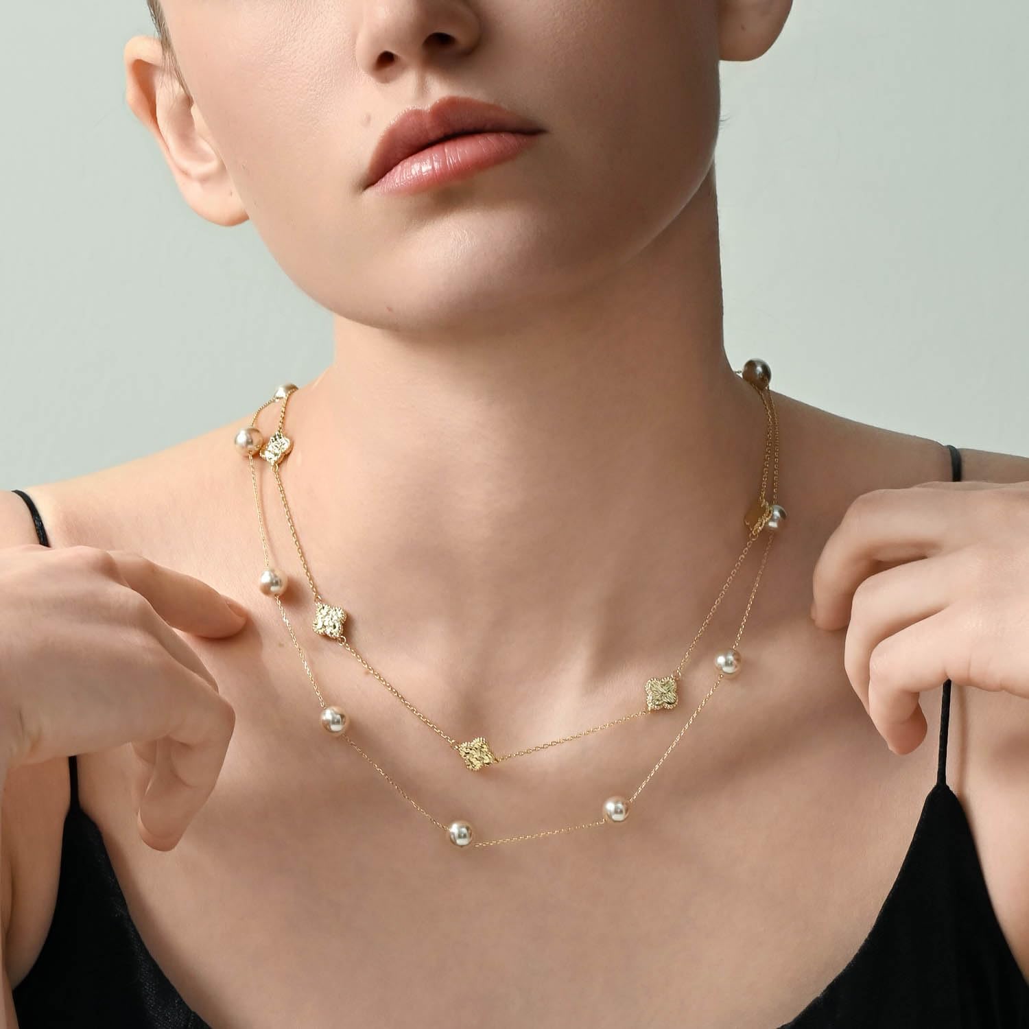 Multi Strand Long Layered Simulated Pearl Necklace for Women, Gold Plated Clover Necklace Jewelry Gift for Her