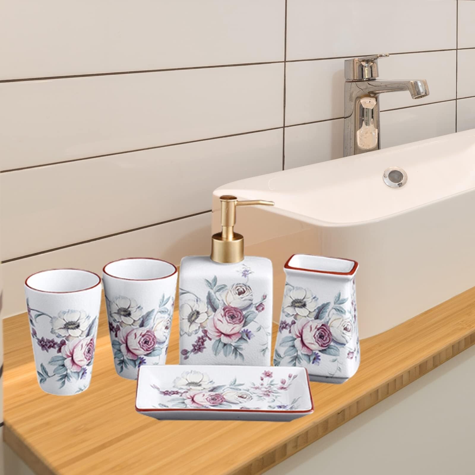 Set di accessori per il bagno Inclusi 1 portaspazzolino, 2 bicchieri for gargarismi, portasapone, dispenser for lozione, 5 pezzi Arredamento per gli affittuari(White)