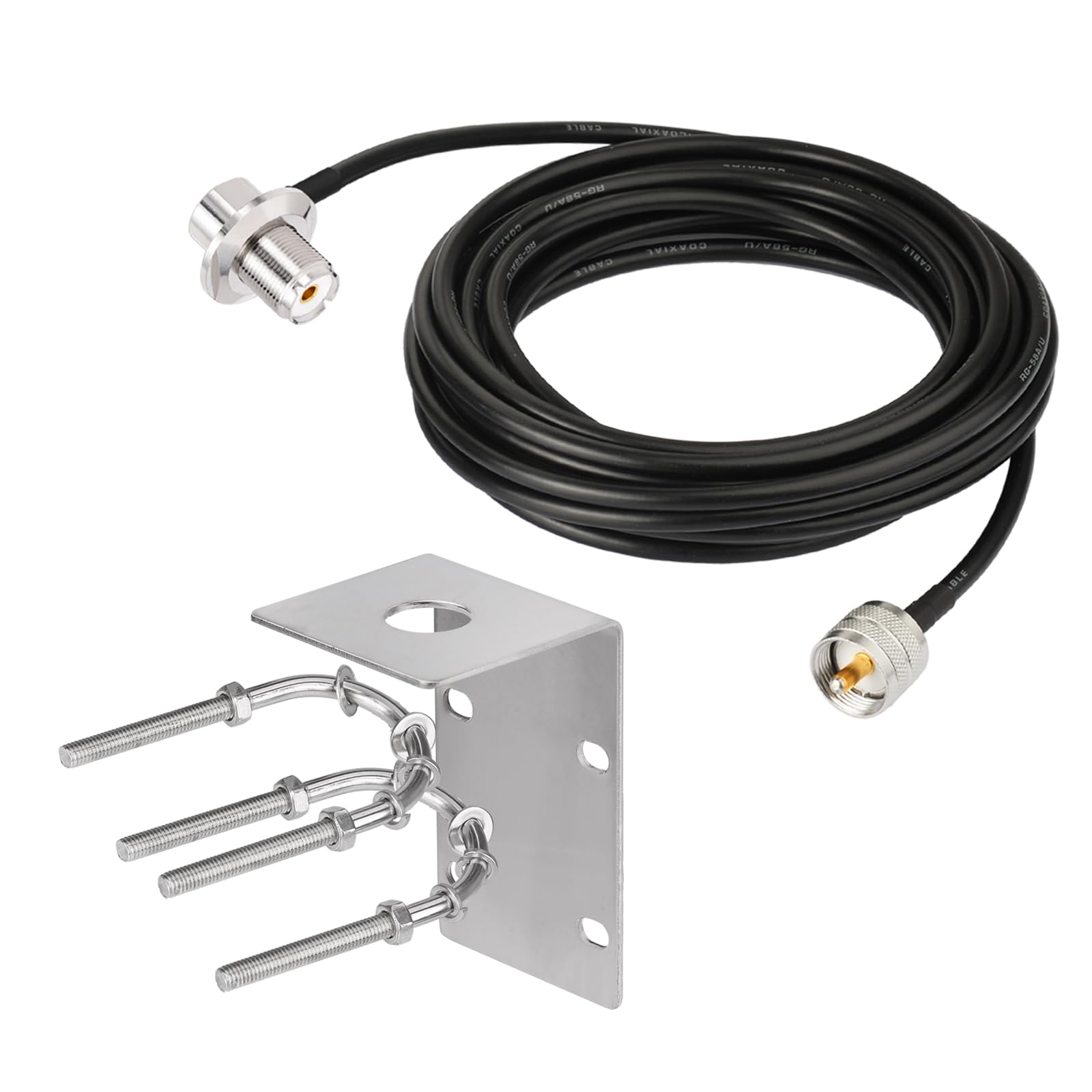 Bingfu Staffa di Montaggio Antenna in Acciaio Inossidabile con Bulloni a U, Foro da 16 mm, Cavo coassiale RG58 UHF PL259 a SO239 5 m per Radio Mobili e Amatoriali