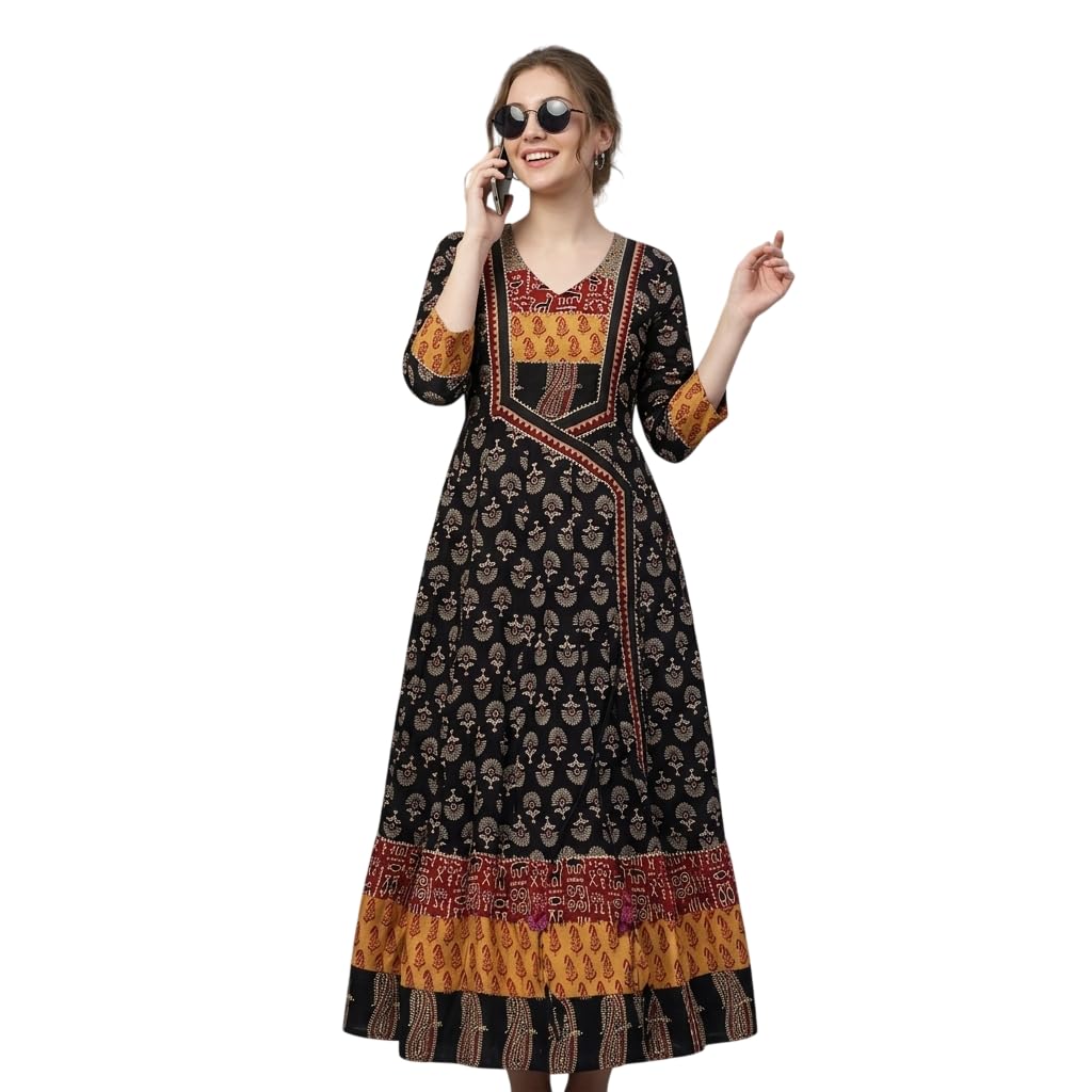 deepti boutique Wooden Block Print.Pure Handmade No Machine Print.Pure Cotton kalidar Full Length Frock.Multicolor Patch on Neck Sleeve and Bottom Flair.Length-52 inch/Gher appx 4 mtr.-picture-11