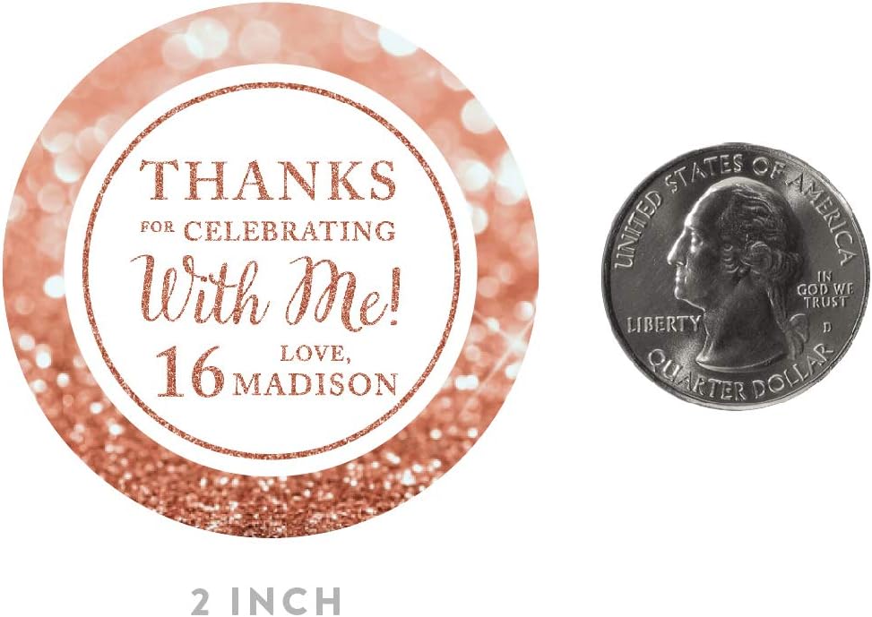 Andaz Press Personalized Glitzy Faux Rose Gold Glitter Round Sticker Labels, Thanks for Celebrating with Me 16, Sweet 16 16th Birthday or Anniversary, 40-Pack, Custom Name