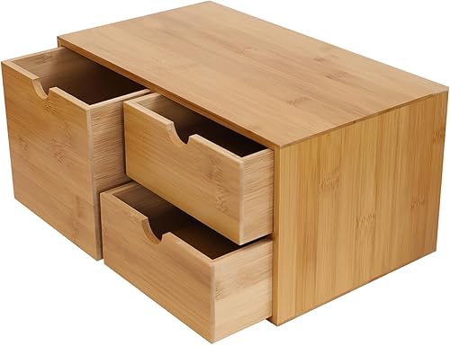 Miniatura 5 de Organizador de escritorio de bambú, armario de almacenamiento de encimera con 3 cajones, mini soporte de mesa para suministros de oficina en casa