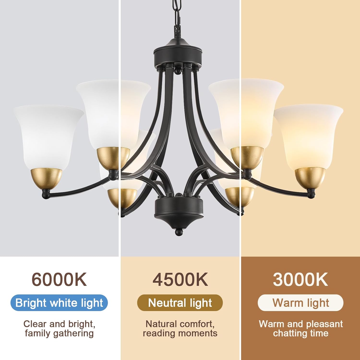 6-Light Black&Gold Chandelier, Adjustable Rustic Traditional Farmhouse Pendant Light with Frosted Glass for Dining Room, Kitchen Island, Living Room, Dimmable, Vintage Metal Ceiling Lights