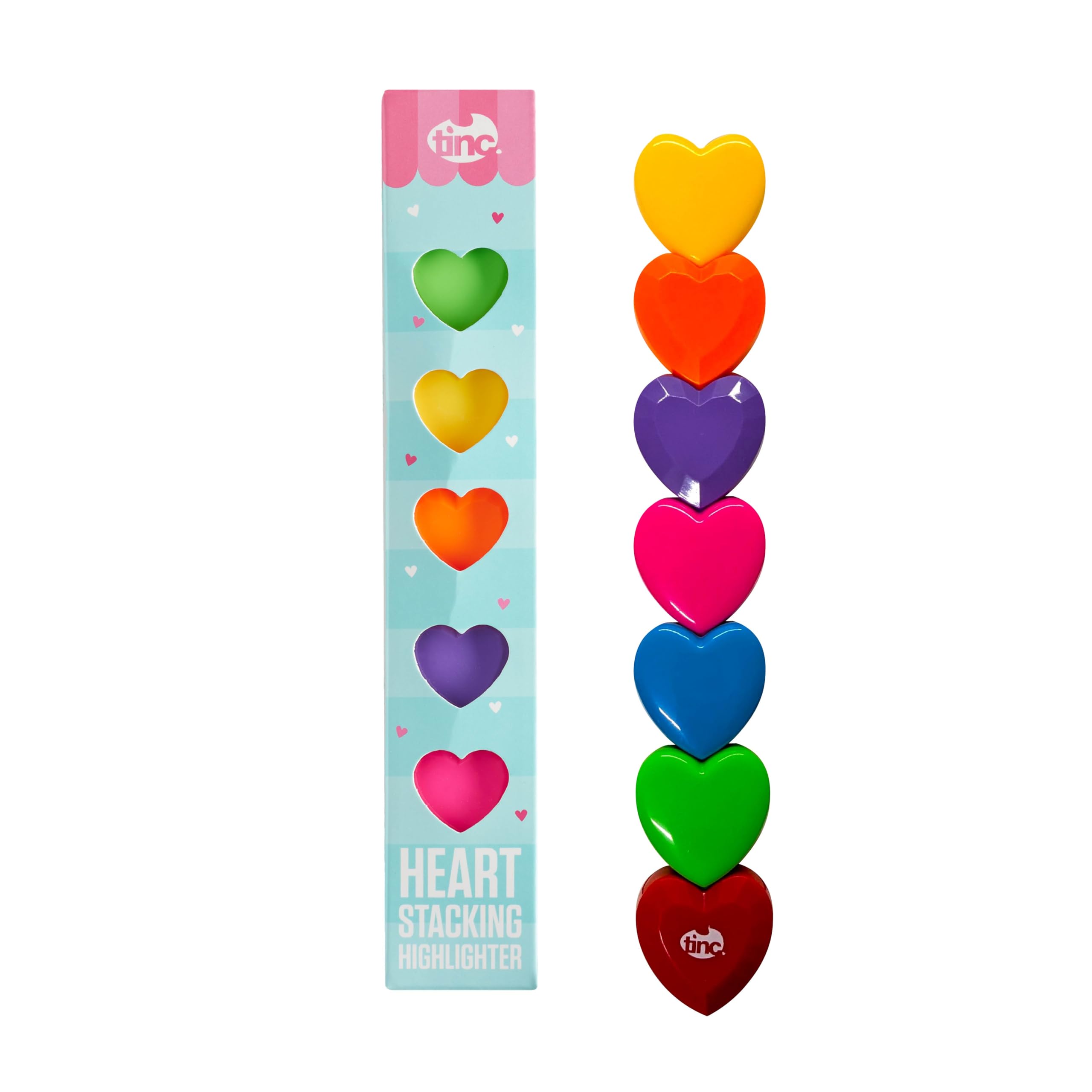 Tinc Heart Shaped Stacking Highlighters | Stackable and Fun Design | Great for School and Homework | Six Bright Colours - Blue, Green, Yellow, Orange, Purple and Pink