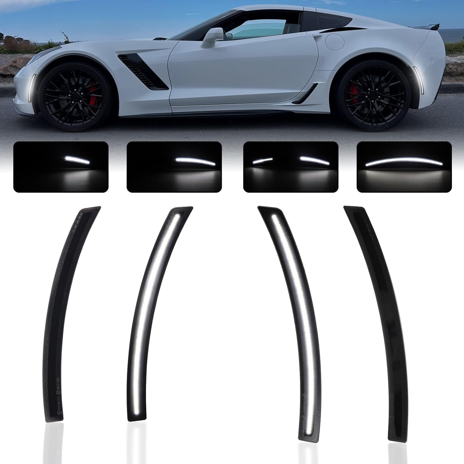 Dynamic White Front Rear Side Marker Lights Compatible With 2014-2019 Chevrolet Corvette C7/ Grand Sport/Stingray/ Z06/ ZR1, Side Bumper Turn Signal Lamps, Smoked Lens 4PCS