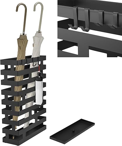 Soportes para paraguas para entrada, soporte grande de metal para paraguas con bandeja de agua extraíble y ganchos, decoración rectangular