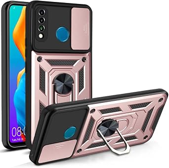 Phone Case for Huawei P30 Lite Heavy Duty Rugged with Metal Ring Stand & Camera Cover, Military Grade Shockproof Protective, fit for Magnetic Car Mount Rose Gold