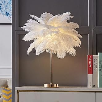 Bedside Desk Night Light, LED Feather Table Lamp, Feather Lampshade, for Bedroom, Wedding Decorative, Birthday Gift (Color : White)