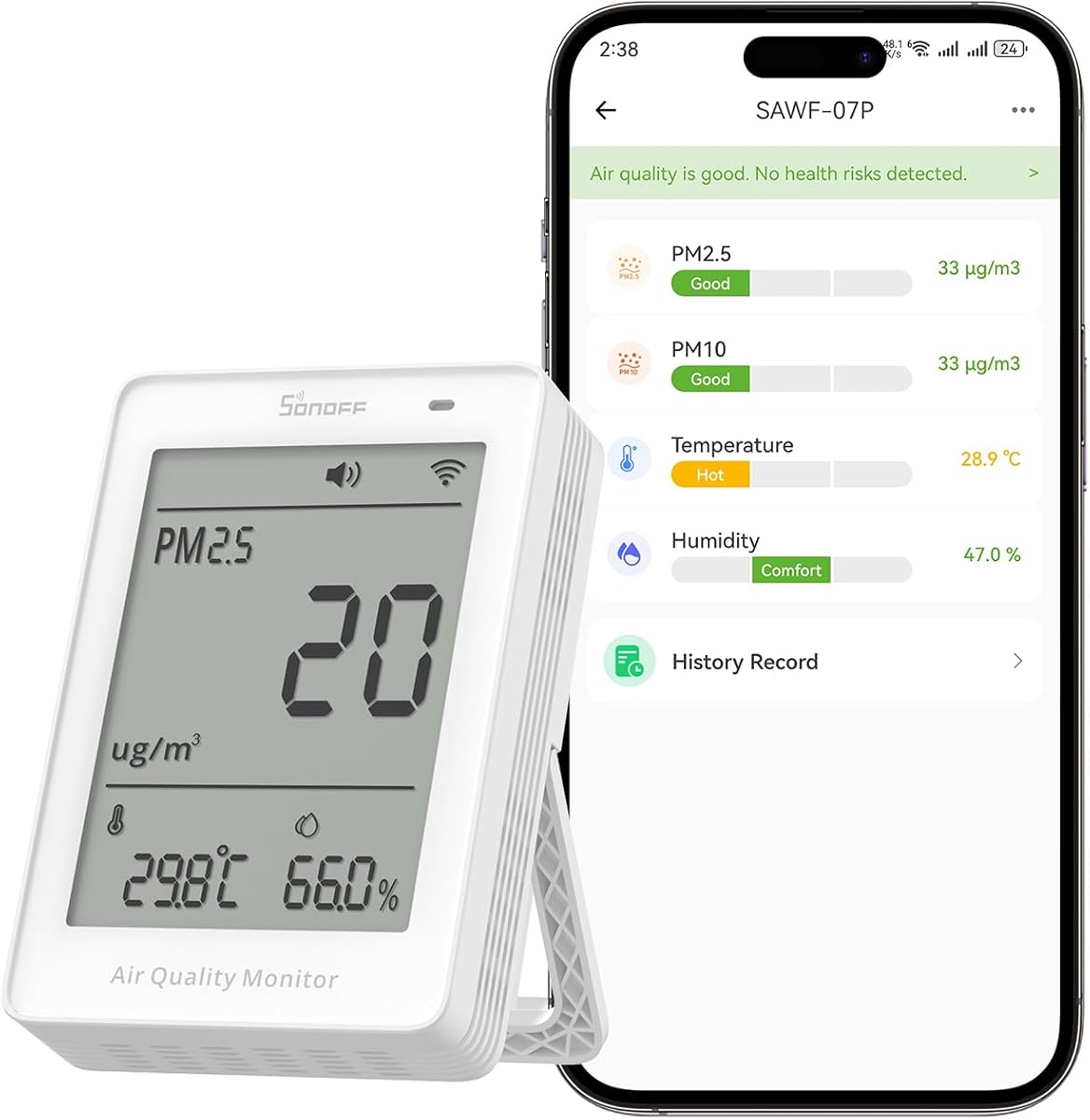 SONOFF SAWF-07P Smart Indoor Air Quality Monitor with PM2.5, PM10, Temperature & Humidity Sensor, Real-Time Display, Notification, Matter-Compatible, 2.4GHz WiFi, 3.73-inch Screen, for Bedroom, Nusery