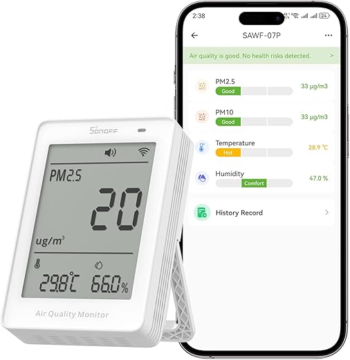 SONOFF Smart Indoor Air Quality Monitor with PM2.5, PM10, Temperature & Humidity Sensor, Real-Time Display & Alarm, Matter-Compatible, 2.4GHz WiFi, 3.73-inch Screen, for Bedroom, Nusery Room