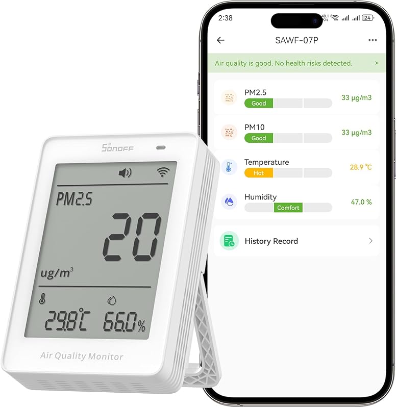 SONOFF SAWF-07P Smart Indoor Air Quality Monitor with PM2.5, PM10, Temperature & Humidity Sensor, Real-Time Display, Notification, Matter-Compatible, 2.4GHz WiFi, 3.73-inch Screen, for Bedroom, Nusery