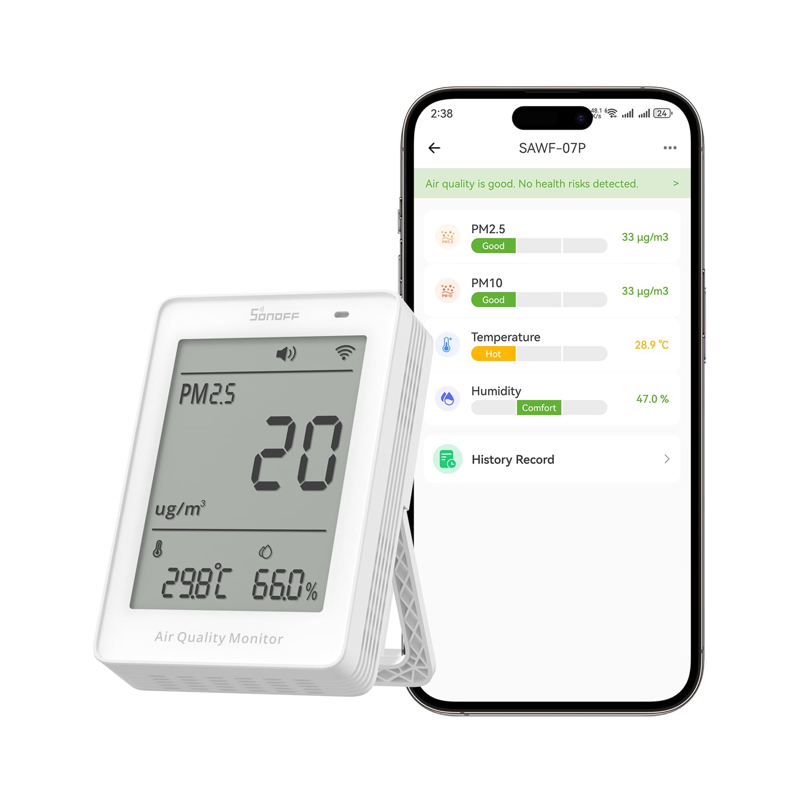 SONOFF Monitor inteligente de calidad del aire, PM2.5, detector PM10, temperatura/humedad, pantalla en tiempo real y alarma