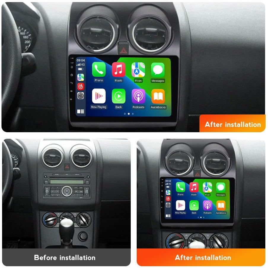 Comparison of car dashboard before and after installation of the Android car radio.
