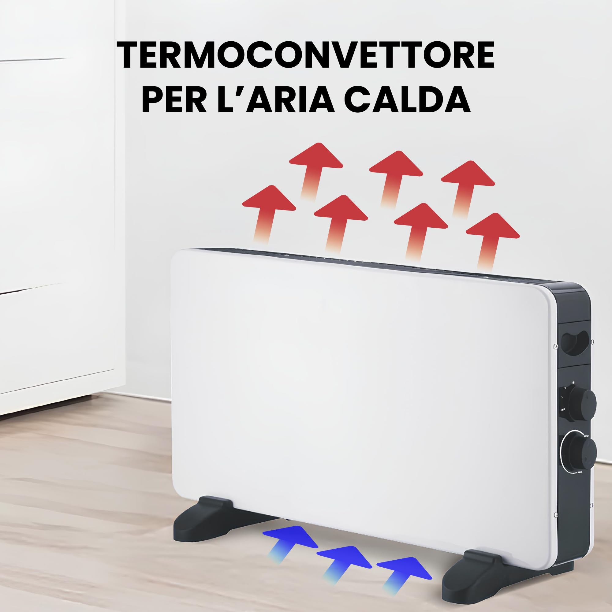 White - Stufa Elettrica 230v. Termoconvettore Elettrico Con Potenza Regolabile 750-1250-2000w. Riscaldamento Casa Sicuro Con Termostato Limitatore Di Calore Interno