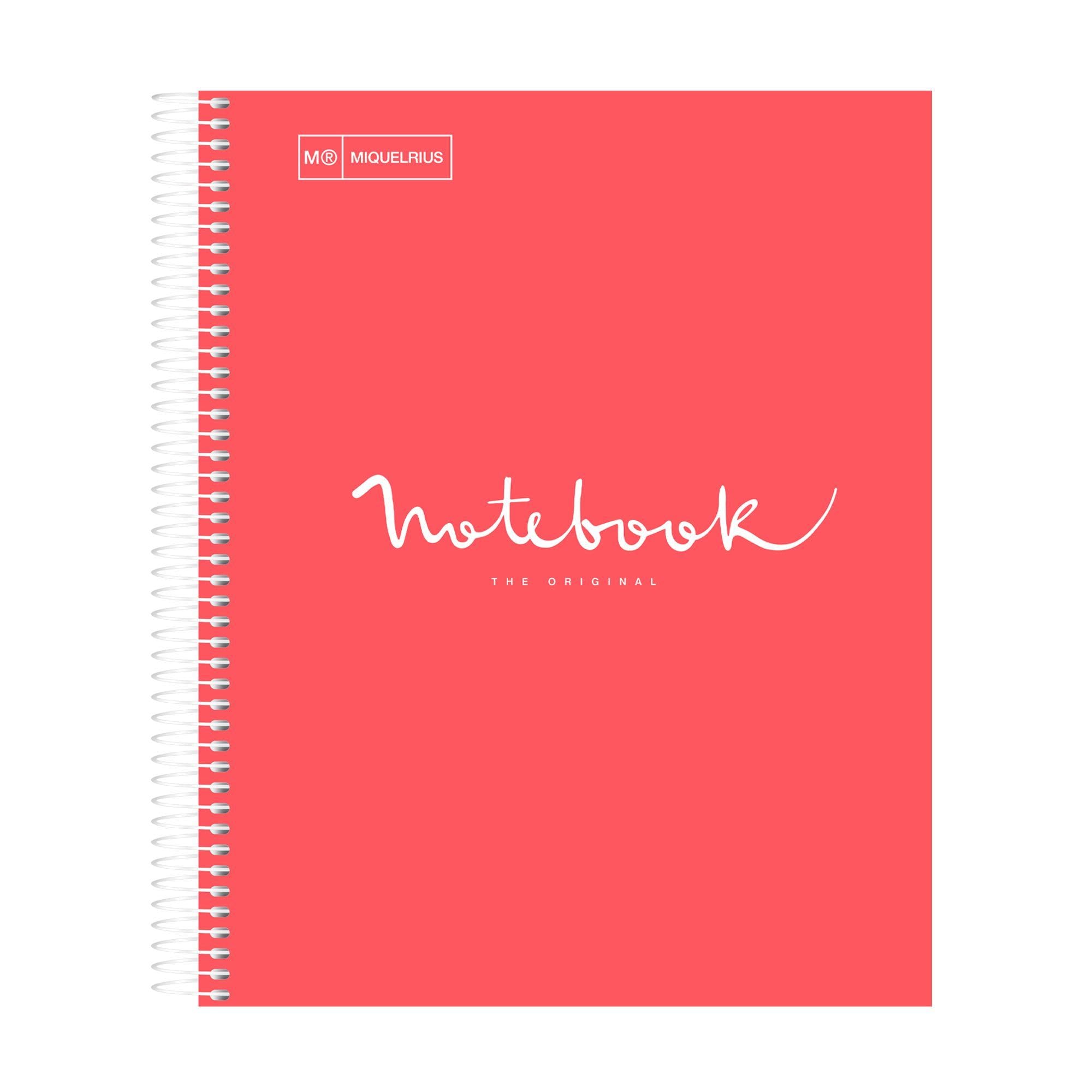 M MiquelRius Emotions Collection, Lined 1 Subject Notebook, 11" x 8.5", 80 Perforated Sheets, 3 Hole Punched, Coral Colored Cardboard Cover