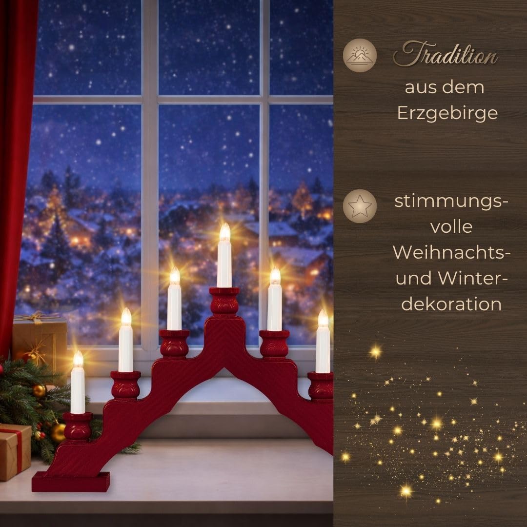 weigla - Schwedenleuchter original Erzgebirge I Trendiger Schwede BORDEAUX I Schwibbogen Weihnachten I 7 Lampenkerzen + 1 Ersatzlampe I 7 x 34 V, 3 W, E10 I Weihnachtsdeko innen I Kiefernholz