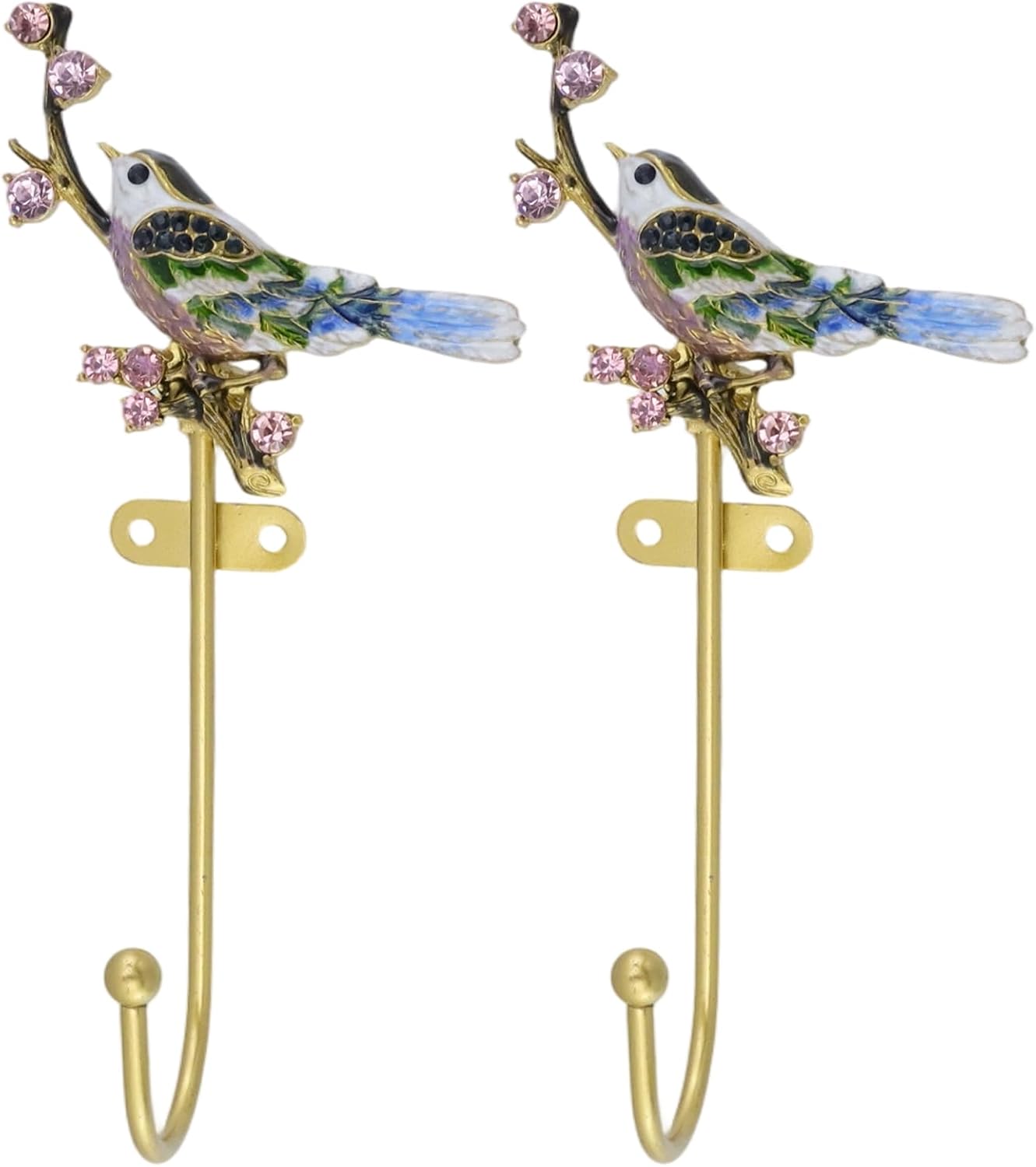 Bitray 2 Pack Bird Wall Hooks, Vintage Enamel Rhinestone Metal Coat Hooks | Durable Zinc Alloy Material, Glittering Rhinestones Inlay, Hanging Coats, Robes, Towels, Hats, Keys, Matching Mounting Screws